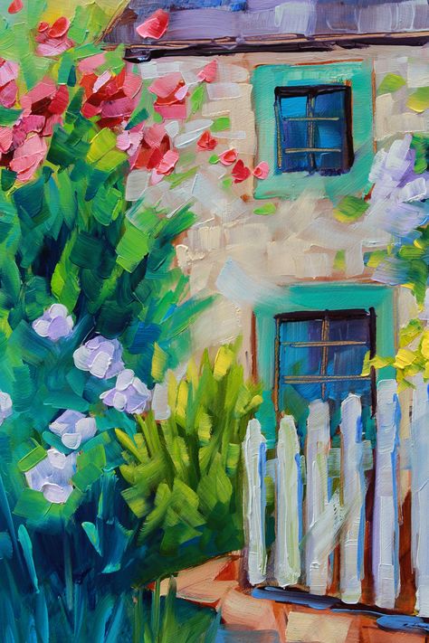 Oak Cottage Original Impressionist Oil Painting by Rebecca - Etsy Cottage Art Painting, Cottage Art Vintage, Paintings Of Houses, Ocean Art Painting, Cuadros Diy, Loose Watercolor Paintings, Colorful Cottage, Cottage Painting, Acrylic Painting Ideas