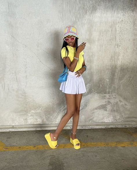 Designer Slides Outfit, Pink And Yellow Outfit, Yellow Skirt Outfits, Jamaica Outfits, Cute Comfy Outfits, Streetwear Fashion Women, Summer Fits, Dressy Outfits