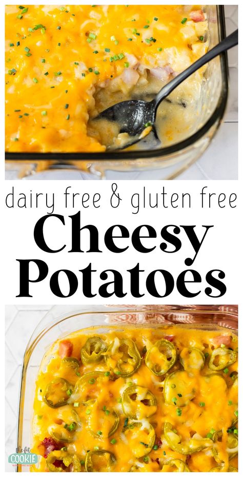 Cheesy potatoes (aka funeral potatoes) are one of the ultimate comfort foods, and we have a recipe that's dairy free! Our version is also gluten free and still incredibly delicious (we included a vegan option as well!). | thefitcookie.com Dairy Free Cheesy Potatoes, Gluten Free Cheesy Potatoes, Dairy Free Heavy Cream, Gluten Free Casserole, Cheese Dinner, Lactose Free Recipes, Gluten Free Potatoes, Dairy Free Dinner, Potatoe Casserole Recipes