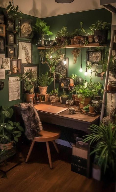 Study Room With Plants, Earthy Art Studio, Room Ideas Aesthetic Dark, Bedroom Ivy, Earthy Room, Townhouse Decor, Cozy Maximalism, Cottagecore Interior, Frequency Music