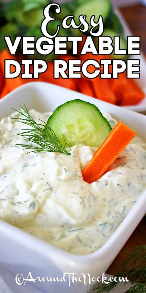 Easy Vegetable Dip Recipe in a white bowl, with a cucumber slice, carrot stick and dill stuck in the top, with writing Dip Mixes Recipes Dry, Easy Vegetable Dip Recipe, Easy Vegetable Dip, Crockpot Holiday Recipes, Recipes With Diced Tomatoes, Veggie Dips, Vegetarian Holiday Recipes, Dip Mixes, Gluten Free Holiday Recipes