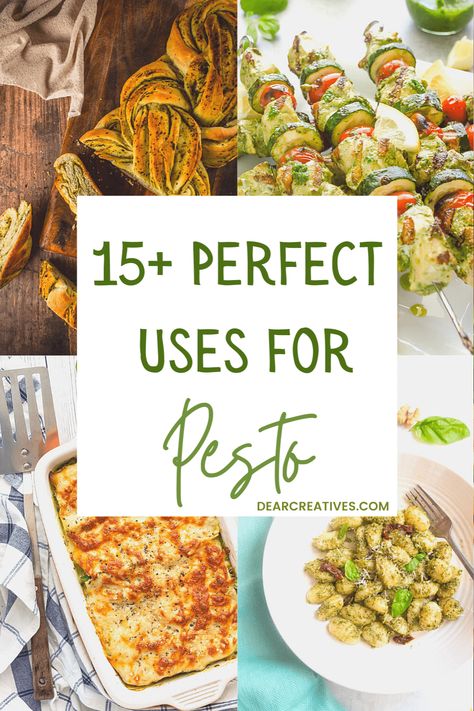 Go beyond the classic pesto pasta and make these recipes using pesto! Light, refreshing, and easy to make recipes. These recipes with pesto include bread, veggie dishes, lasagna, gnocchi, chicken kabobs, pork tenderloin, shrimp, pizza, tofu… view the entire list of pesto recipes below. Add them to your dinners, side dishes, and meal plans! #pestorecipes #recipesusingpesto #dinnerideaswithpesto #appetizerswithpesto #pesto #recipes #listofpestorecipes #recipeswithpesto Jarred Pesto Recipes, Pesto Ideas Dishes, Canning Pesto, Pesto Recipes Dinner, Recipes With Pesto, Recipes Using Pesto, Gnocchi Chicken, Pesto Uses, Pesto Dishes