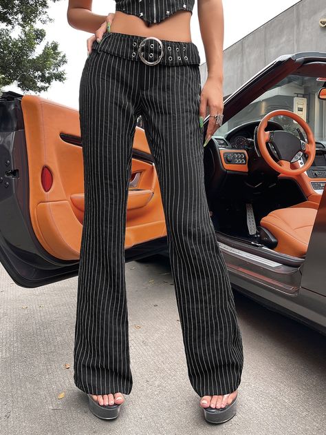 Black And White Striped Pants Outfit Women, Striped Bell Bottoms Outfit, Black Striped Pants Outfit, Black And White Striped Pants Outfit, Punk Outfits Women, Pin Stripe Pants Outfit, White Striped Pants Outfit, Black Striped Pants, Stripe Pants Outfit