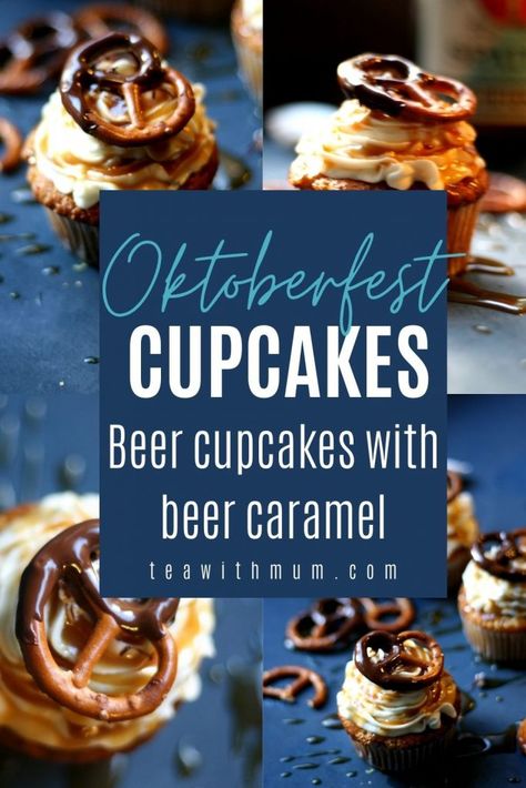 The perfect cupcakes to celebrate the Oktoberfest: beer cupcakes with beer caramel, vanilla frosting, beer caramel drizzle and a choc-dipped pretzel. Oktoberfest cupcakes. Oktoberfest Cupcake Ideas, Desserts For Octoberfest, Oktoberfest Dessert Ideas, Octoberfest Food Desserts, Oktoberfest Balloon Arch, Oktoberfest Desserts Easy, October Fest Desserts, Octoberfest Dessert Ideas, Oktoberfest Birthday Cake