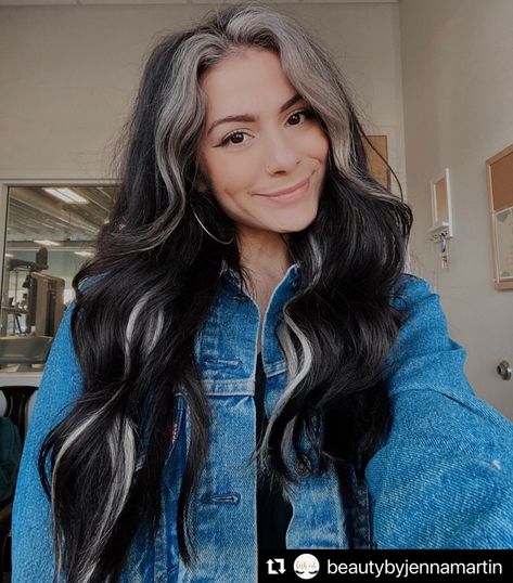 Silver Bangs Brown Hair, Hair Colour Inspo Color Trends, Black Hair With Gray Money Piece, Gray Streak In Front Of Hair, Money Piece Hair Black, Money Piece And Underneath Hair, Black Hair Dye Ideas, Black Hair With Money Piece, Blonde Money Piece