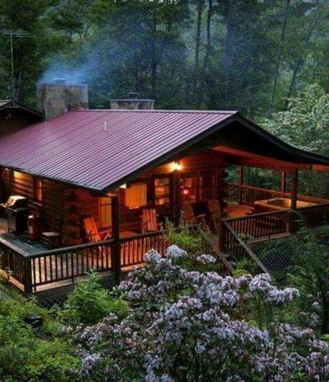 Gorgeous cabin - small, but  plenty luxurious! A Cabin In The Woods, Cottage Cabin, Cabin Living, Little Cabin, Log Cabin Homes, Wrap Around Porch, A Cabin, Small Cabin, Cabin In The Woods