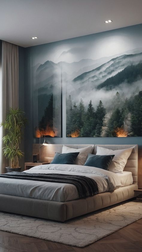 Create a serene and stylish nature bedroom with these aesthetic decor ideas Embrace earth tones cozy decor and bohemian-inspired elements in gray and luxury paint colors Find inspiration for your Pinterest-worthy decor in this post Mountain Bedroom Aesthetic, Peaceful Bedroom Aesthetic, Pnw Bedroom, Mountain Themed Bedroom, Mountain Bedroom Ideas, Forest Bedroom Aesthetic, Nature Bedroom Ideas, Oasis Bedroom, Nature Bedroom