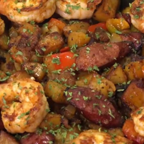 - Cajun Shrimp Sausage And Potato Skillet Sausage And Potatoes Skillet, Smothered Potatoes, Sausage And Potato Bake, Shrimp Pasta Dishes, Cajun Potatoes, Bacon Steak, Cajun Sausage, Potato Skillet, Steak Potatoes