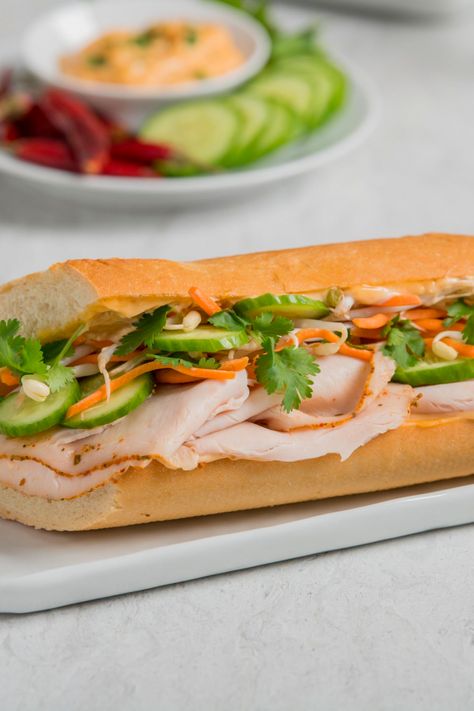 Turkey Bahn Mi with Quick Pickled Vegetables Bahn Mi Pickled Vegetables, Quick Pickled Vegetables, Baked Apple Dessert, Vietnamese Street Food, Bahn Mi, Turkey Leftovers, Julienned Carrots, Quick Pickled, Hoagie Rolls