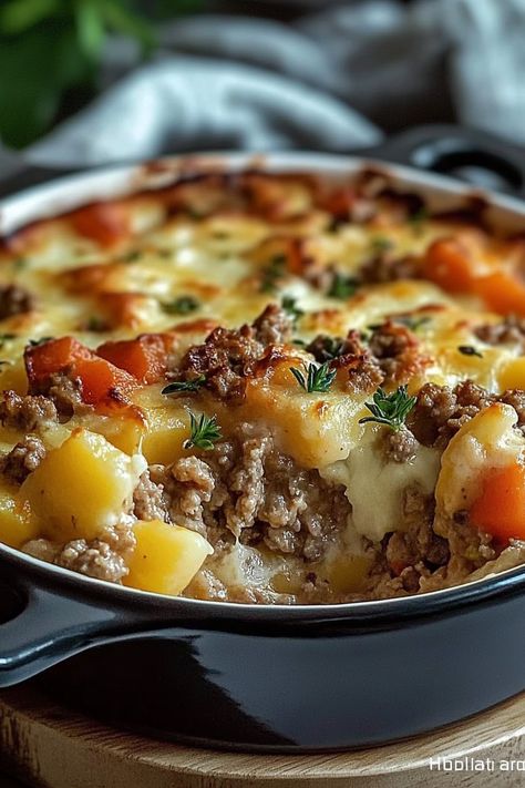 hobo casserole One Pan Make Ahead Dinners, Ground Beef Recipes Make Ahead, Make Ahead Oven Dinners, Baked Potato Ground Beef Recipes, Hobo Soup Ground Beef, Reheat Dinner Meals, Hearty Ground Beef Recipes, Casseroles That Reheat Well, Hobo Dinners In The Oven