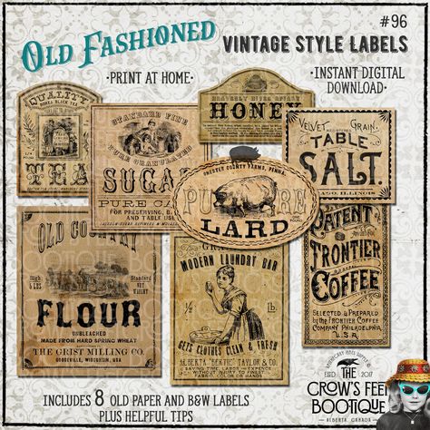 Eight different primitive 1800's style labels with period correct fonts that you can print at home to adorn jars and bottles for your primitive home decor. **IMPORTANT** Please note that this is a digital download; no physical item will be sent to you. Please read all of the instructions below for tips on how to download digital files.  Labels come in high resolution (300 dpi) coloured file and a B&W file for printing on your own coloured paper if you desire. Tips are included with your download Primitive Labels, Scrapbook Graphics, Apothecary Style, Primitive Home Decor, Kitchen Labels, Label Image, Coloured Paper, Primitive Style, Primitive Kitchen