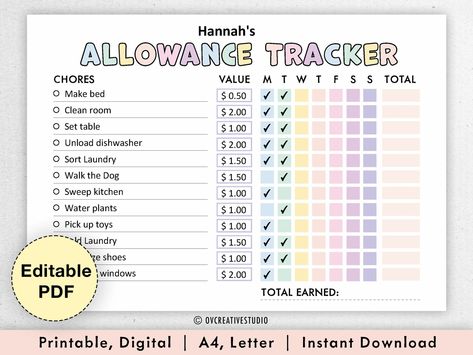 Editable Allowance Tracker Kids | Earn Money Chart | Daily Weekly Allowance Chore Chart | Money Reward Chart | Allowance Chart | PDF Chores Allowance Chart Earn Money, Daily Chores For Kids By Age, Paid Chores For Kids Earn Money, Chore Chart With Money Reward System, Chores For Kids By Age Allowance, Printable Chore Charts For Kids Free, Chores For Money Ideas, Allowance System For Kids, Pocket Money Chores