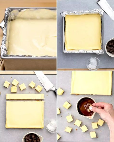 Mini Square Desserts, How To Make Cheesecake Bites, Ice Cube Tray Cheesecake Bites, Square Cheesecake Bites, Homemade Cheesecake Bites, Cheesecake Mini Bites, Mini Brownie Cheesecake Bites, Mini Cheesecake Bites Recipes, Mini Cheesecake Squares