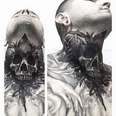 60+ Black and Grey Skull Tattoos Black And Grey Skull Tattoos, Sake Tattoo, Hals Tattoo Mann, Front Neck Tattoo, Full Neck Tattoos, Hellboy Tattoo, Satanic Tattoos, Native Tattoos, Throat Tattoo