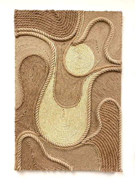 This beautiful minimalistic fiber art piece adds a perfect accent to any space. It is hand made with natural jute and sisal fibers and is woven together onto a canvas frame. This piece is a perfect mix of organic design and texture for your bedroom, entryway, living, or dining room.  The piece measures about 3 feet tall and 2 feet wide, and about 1 inch in depth. It comes with two hanging brackets on the back for easy installation. It also looks beautiful displayed on picture frame ledges. Eco Friendly Wall Art, Fibre Wall Art, Macrame Fiber Art, Multi Material Art, Jute Artwork, Rope Art Diy, Jute Wall Art, Rope Wall Art, Bouroullec Design