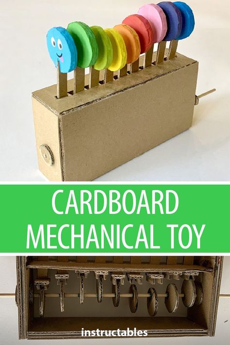 Turn the handle on this cardboard mechanical toy and the sections of the rainbow caterpillar will move up and down in a wave pattern. #papercraft #kids #colorful #painting Cardboard Automata, Diy Mechanical Toys, Rainbow Caterpillar, Kinetic Toys, Cardboard Box Crafts, Cardboard Toys, Tape Painting, Cardboard Crafts, Paper Toys