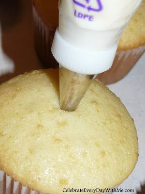 How to Fill a Cupcake | Celebrate Every Day With Me Icing Filled Cupcakes, Filled Mini Cupcakes, Filling Cupcakes How To, How To Put Filling In Cupcakes, How To Fill Cupcakes With Filling, Cake With Cupcakes Around It, Cupcakes With Filling Inside, Filled Cupcakes Easy, Cupcake Filling Recipes