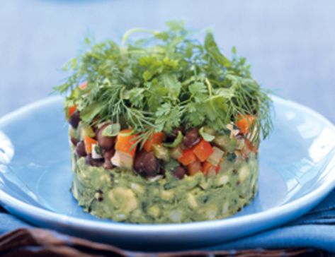 One of the easiest chefs' techniques to recreate at home is to stack foods like this salad, using a 4-inch metal ring mold (available in kitchen stores) or a Bean Avocado Salad, Black Bean Avocado Salad, Beet And Goat Cheese, Herb Salad, Yoga Journal, Organic Fruit, Avocado Salad, Black Bean, Fruits And Veggies