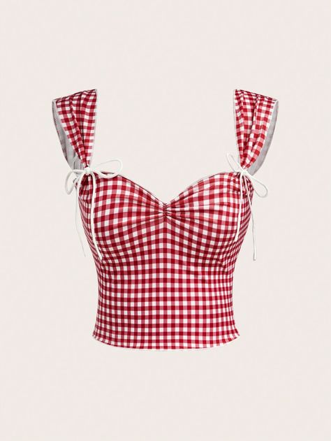 SHEIN EZwear Plaid Sleeveless Top For Women With Sweetheart Neckline And Knotted FrontI discovered amazing products on SHEIN.com, come check them out! Red Gingham Top, Aries Rising, Thai Fabric, Check Tops, Gingham Tops, Frill Sleeves, Women Tank Tops, Small Crop Tops, Fashion Wishlist