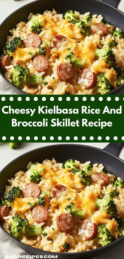 Discover the ultimate comfort food with this Cheesy Kielbasa Rice and Broccoli Skillet recipe. It combines savory kielbasa, tender broccoli, and creamy cheese for a delicious family dinner that everyone will enjoy. Kielbasa Rice And Broccoli, Kielbasa Rice, Cheesy Kielbasa, Broccoli Skillet, Rice And Broccoli, Dinner Experience, Cheesy Rice, Yummy Casserole Recipes, Kielbasa Recipes