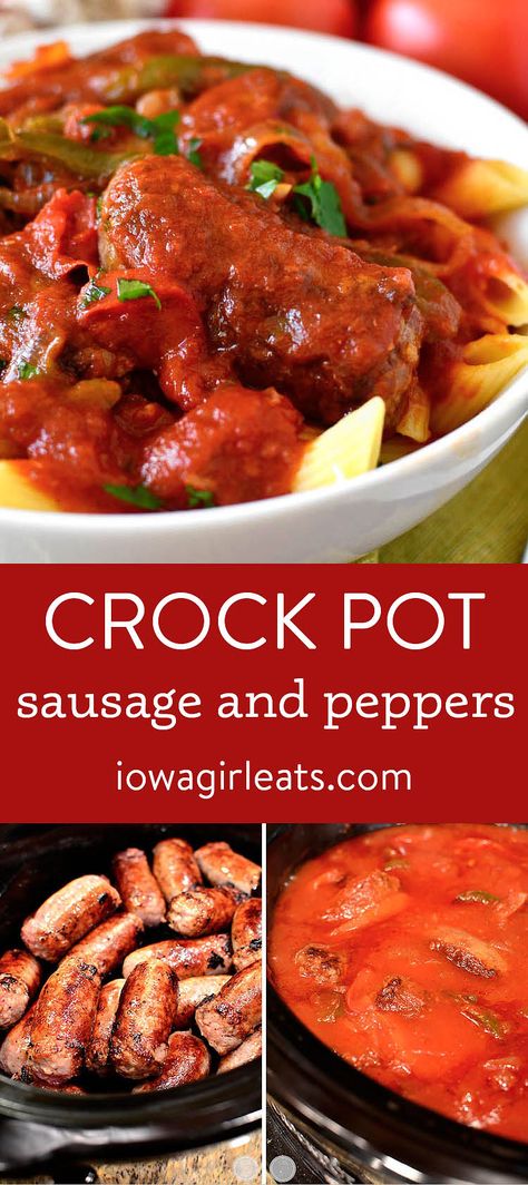 Crock Pot Sausage and Peppers are perfect for game day, a cozy supper at home, or any night you're craving an Italian feast! | iowagirleats.com Crock Pot Sausage Pasta, Crock Pot Sausage And Peppers, Bunco Christmas, Crockpot Italian Sausage, Sausage And Peppers Crockpot, Crock Pot Sausage, Italian Feast, Sausage Crockpot, Paleo Pork