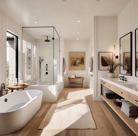 Master Bath With Hardwood Floors, Beautiful Bathrooms Modern Luxury, Bathrooms With Dark Wood Floors, Modern Warm Bathroom, Resort Style Bathroom, Planning 2024, Large Bathroom Remodel, Luxury Minimalism, Modern House Ideas