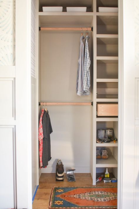 Small Closet Build Out, Small Guest Closet Ideas, Closet System For Small Closet, Cost Closet Ideas, Diy Coat Closet Organization, Small Closet Ideas Ikea, Shallow Coat Closet, Tiny Bedroom Closet Organization, Small Narrow Closet Organization