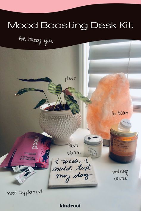 Mood boosting desk guide with mood supplement, candle, hand cream, plant Happiness Comes From Within, Natural Mood, Dog Candle, Calming Techniques, Mood Enhancers, Improve Focus, Positive Motivation, Mood Boost, Self Care Routine