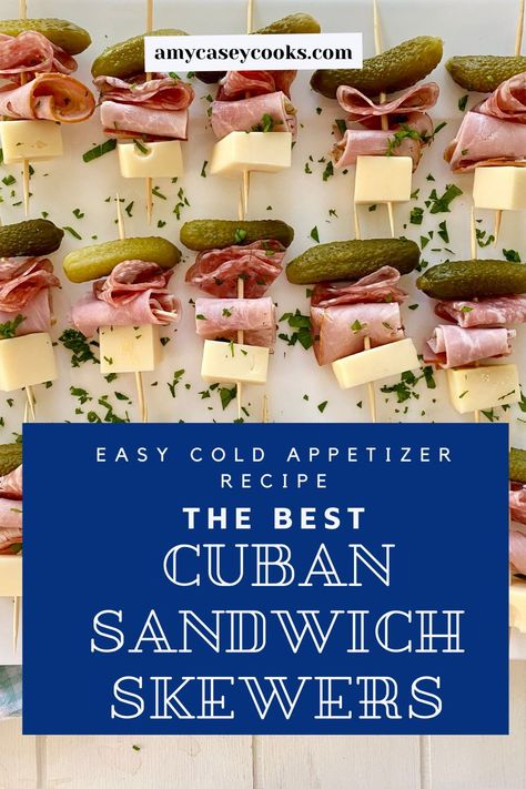 Cuban Sandwich Appetizer Skewers. Fun to make and fun to eat! These cold appetizers on a stick with Swiss cheese, ham, Dijon mustard, salami, and baby dill pickles can be made in advance too. They are a crowd pleaser! #easyappetizer #easycoldappetizer Appetizer Recipes With Salami, Ham Cheese Olive Skewers, Pickle Skewer Appetizers, Meat Cheese Pickle Skewers, Cold Cheese Appetizers, Salami Toothpick Appetizers, Mini Cubano Skewers, Meat And Cheese Appetizer Skewers, Meat And Cheese Kabobs Appetizers