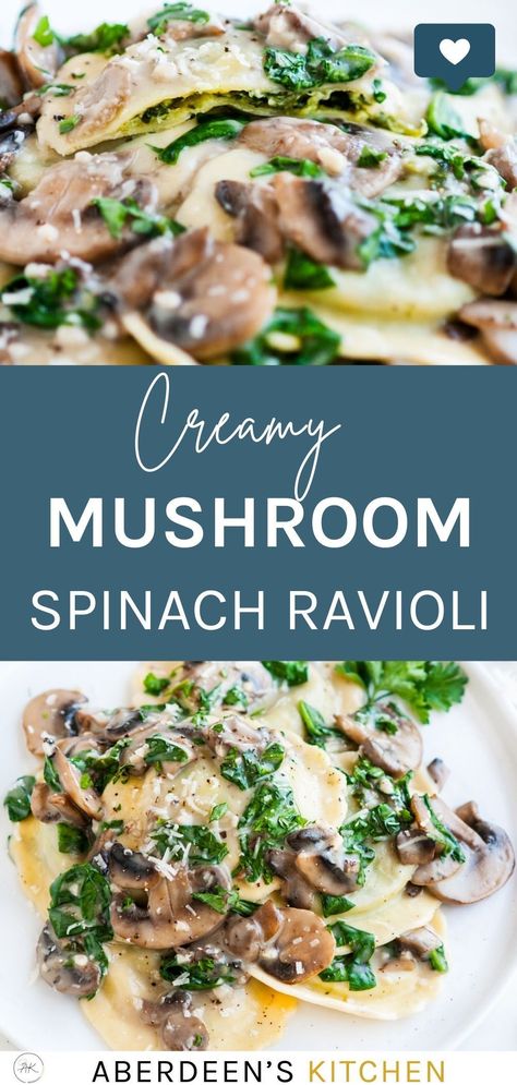 Looking for a date-night worthy pasta recipe? Make these Creamy White Wine Mushroom Spinach Ravioli - Mushrooms and fresh spinach, along with ricotta and three cheese + spinach stuffed ravioli makes for a filling, yet lighter than all-that- meal perfect for any cold fall evening. Spinach Stuffed Ravioli, Cheesy Ravioli, Stuffed Ravioli, Spinach And Cheese Ravioli, Sausage Ravioli, Spinach And Ricotta Ravioli, Ravioli Casserole, Ravioli Filling, Spinach Ravioli