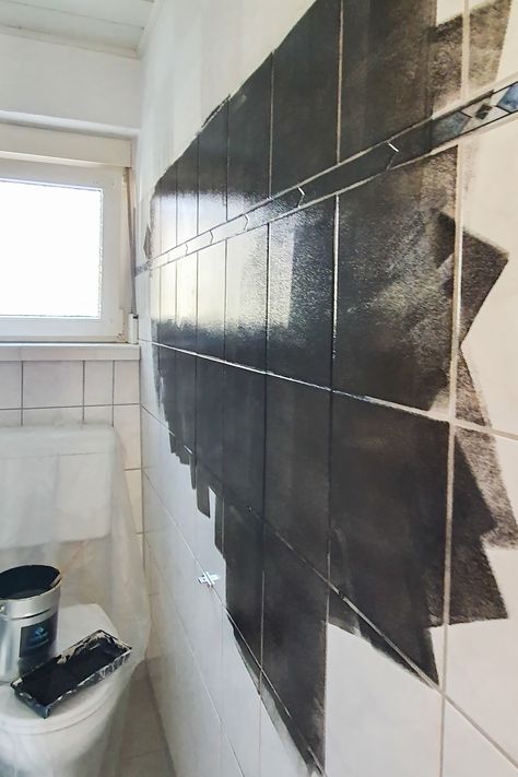 Paint Over Tiles Bathroom, Paint For Bathroom Tiles, Paint Bathroom Tile Black, Black White Kitchen Floor Tiles, How To Redo Bathroom, Bathroom Wall Tile Paint, Can You Paint Tile Bathroom, Painted Tile Wall Bathroom, Black Tile Paint Bathroom