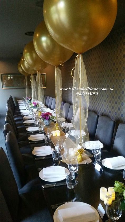 Superb set up at the Ottoman Restaurant #giantballoons #jumboballoons #3footballoons #goldballoons #ottomanrestaurant #act #cbr #canberraballoons #BalloonBrilliance Graduation Dinner, Moms 50th Birthday, Dinner Party Decorations, Birthday Dinner Party, Dinner Restaurants, 70th Birthday Parties, Birthday Party Tables, 80th Birthday Party, Golden Birthday