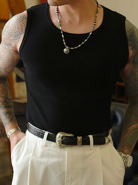 Black Tank Tops Outfit, Black Vest Outfit, White Tank Top Outfit, Black Tank Top Men, Vest Outfits Men, Tank Outfit, Tank Top Outfits, Mens Outfit Inspiration, Cool Outfits For Men