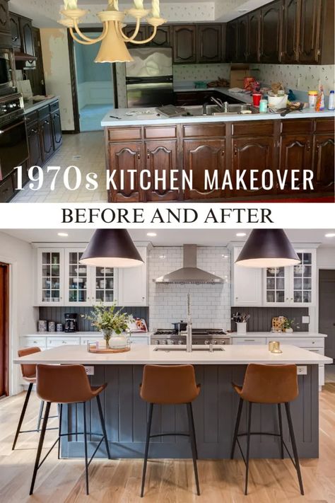 Stunning 1970s Kitchen Makeover | Before and After - Building Bluebird Remodel 70s Kitchen, 1980s Home Remodel Before After, Remodeled Kitchens Before And After, 1970 Kitchen Remodel Before After, 1980s Home Remodel, Kitchen Before And After, 70s Kitchen Makeover, 1980 Kitchen, 1970s House Renovation