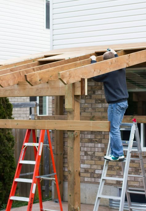 Take the indoors outside - build a covered patio! This step-by-step post will show you how to build a "lean-to" style patio cover just in time for summer. Build A Covered Patio, Diy Patio Cover, Curved Pergola, Covered Patio Design, Building A Patio, Outdoor Covered Patio, Building A Porch, Lean To, Pergola Ideas