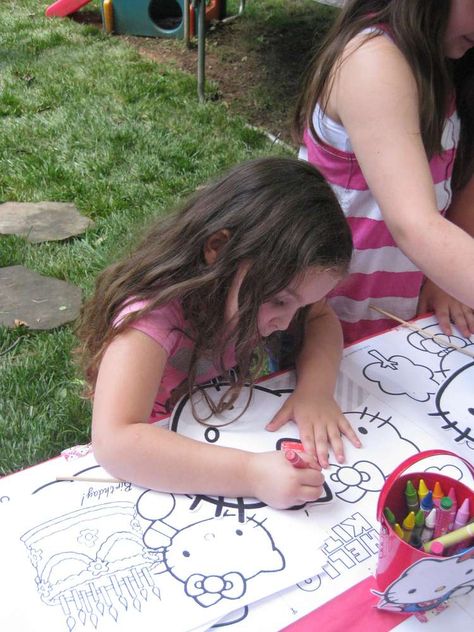 Julia's 5th Hello Kitty Party | CatchMyParty.com Coloring Station, Kitty Birthday Party Ideas, Hello Kitty Birthday Party Ideas, Hello Kitty Games, Birthday Hello Kitty, Hello Kitty Theme Party, Kitty Birthday Party, Kitty Party Games, Hello Kitty Birthday Party