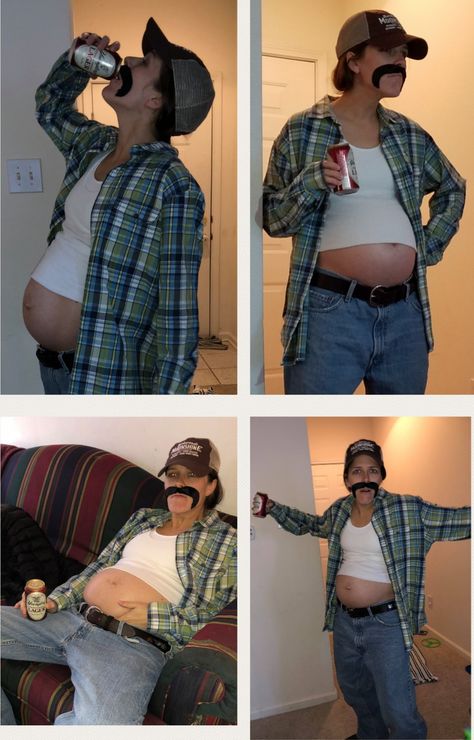 Random Halloween Costumes Funny, Red Neck Halloween Costume, Funny Pregnant Costumes, Hillbilly Halloween Costumes, Maternity Costume Ideas, White Trash Pregnant Costume, Funny Cheap Halloween Costumes, Pregnant Belly Halloween Costumes, Halloween Costume Pregnant Couples