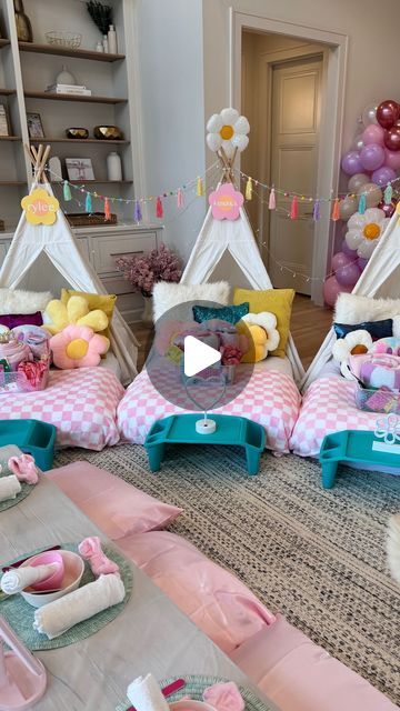 Tori Gerbig | Pink Lily Founder on Instagram: "Let’s set up for a Spa Night and Slumber Party for Rylee Kate. Her first sleepover was a success. She really wanted a slumber party + spa night combo and think it turned out so cute. We did mud masks at the spa table and turned on some spa music. They put cucumbers on their eyes to relax. We did had cake and pizza and finished the night watching high school musical. It was the best night. Did you have slumber parties growing up?   I am trying so hard to be more intentional with holidays, birthday and creating core memories with my family. This was perfect. She enjoyed it so much and I know we both won’t forget it. I didn’t get parties growing up and never had a slumber party so it was the first for both of us 🙂  Save this idea if you are a gi Sleep Over Beds, Slumber Party Sleeping Arrangements, Preppy Slumber Party Ideas, Spa Stations Ideas, Kids Sleep Over Ideas, Slumber Party Schedule, Sleepover Spa Ideas, Sleepover Birthday Party Ideas For Kids, Sleepover Party Ideas For Teenagers