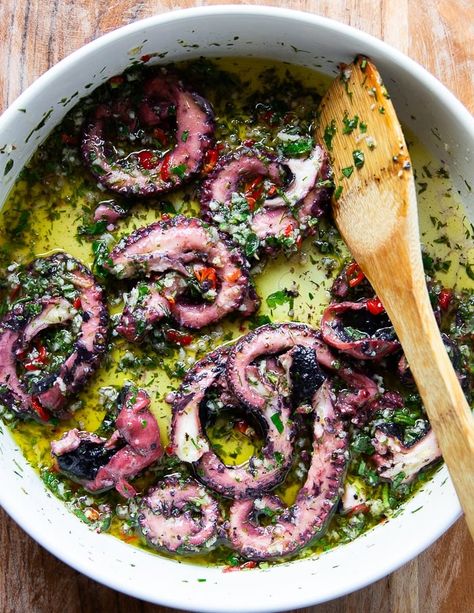 Grilled Octopus • Easy Octopus Recipe {Video} • Two Purple Figs Marinated Octopus Recipe, Greek Grilled Octopus, Grilled Octopus Marinade, Canned Octopus Recipes, Baked Octopus Recipes, Grilled Octopus Salad, Grilled Octopus Recipe Greek, Greek Octopus Recipes, Octopus Marinade Recipe