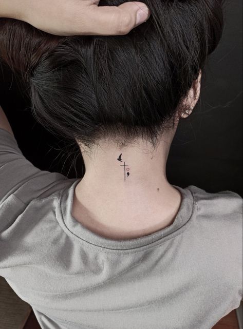 Semi Colon Bird Tattoo, Cross And Bird Tattoo, Cross And Semi Colon Tattoos For Women, Cross And Semicolon Tattoo, Cross Semicolon Tattoo, Semi-colon Tattoo Behind The Ear, Semi Colon Cross Tattoo Ideas, Cross With Birds Tattoo, Seni Colon Tattoo