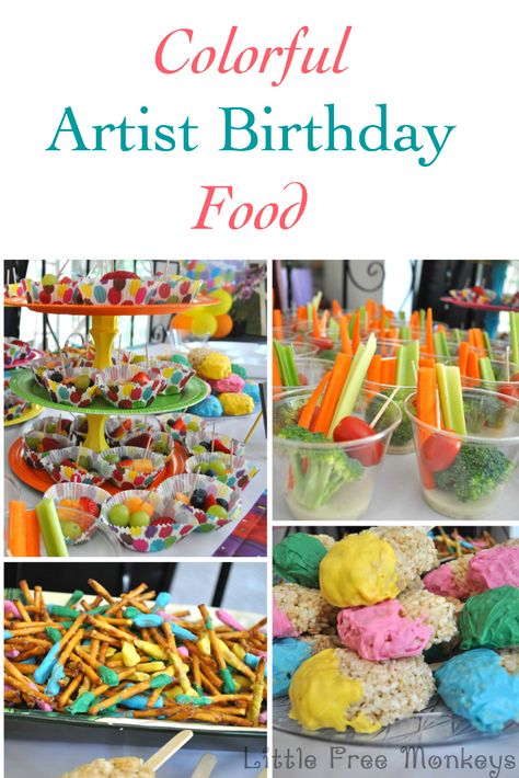 colorful Artist Birthday Party food - Little Free Monkeys Food For Art Party, Art Party Snack Ideas, Art Birthday Party Snacks, Craft Party Food Ideas, Artist Birthday Party Food, Paint Party Snacks Food Ideas, Art Birthday Party Food Ideas, Painting Party Snacks, Art Party Food Ideas For Kids