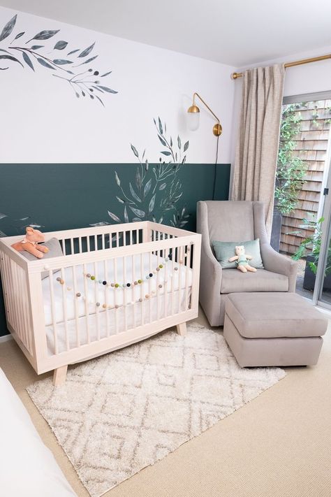 modern forest woodland nursery with wreath mural in forest hunter green #nurseryideas #nurserydecor | Follow our Pinterest page at @deuxpardeuxKIDS for more kidswear, kids room and parenting ideas Forest Hunter, Baby Room Boy, Nursery Modern, Baby Room Design, Nursery Baby Room, Baby Bedroom, Nursery Inspiration, Baby's Room