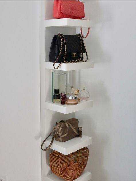 Using a simple Ikea Lack unit and hanging it vertically on the wall makes for a great way to store and display favorite or frequently used handbags. Shelf For Purses Handbag Storage, Floating Shelves Purse Display, Purse Organization Wall Shelf, Bedroom Handbag Display, How To Display Purses In Bedroom, Handbag Wall Display, Ikea Handbag Storage Ideas, Bag Hanging Ideas Bedroom, Handbag Display Ideas Bedrooms