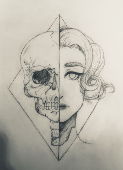 Half girl half skull Drawing Skeleton Face, Half Human Half Skull Drawing, Half Faces Sketches, Half Skull Face Drawing, Skull And Face Drawing, Split Drawing Art, Two Headed Person Drawing, Skeleton Mask Drawing, Sketches Half Face