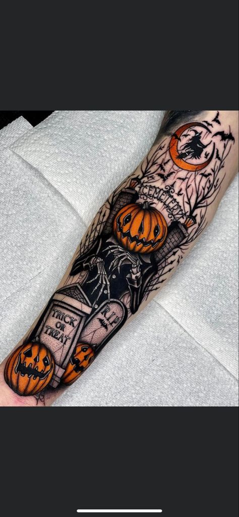 Men Halloween Tattoos, Fall Leg Tattoo, Hide And Seek Tattoo, Halloween Arm Sleeve Tattoo, Werewolf Hand Tattoo, Halloween Leg Sleeve Tattoo For Women, Spooky Halloween Tattoos, Halloween Theme Tattoo, Halloween Tattoo Sleeve