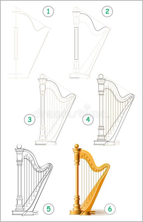 Page shows how to learn step by step to draw stringed musical instrument harp. Vector image. Scale to any size without loss of resolution stock illustration Musical Instruments Drawing, Christian Drawings, Friends Journal, Shading Drawing, Musical Art, Bullet Journal Doodles, Sketches Easy, Mural Wall Art, Drawing Lessons