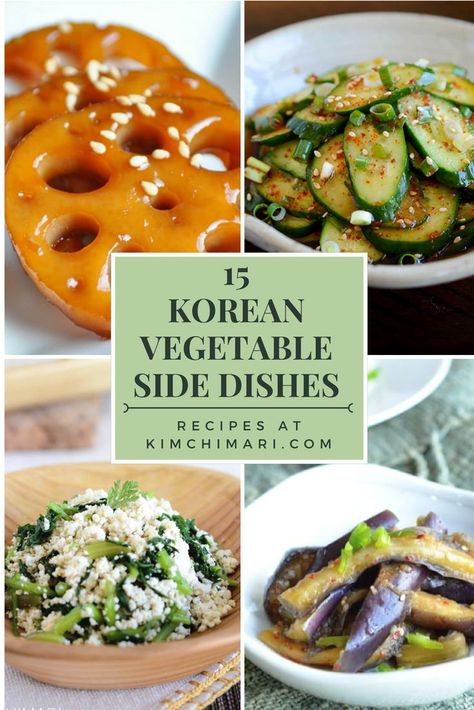 Korean vegetable side dishes (banchan) to go with any meals. These are especially great with Korean BBQ. #kimchimari #koreanvegetables #koreanrecipes #koreanfood #koreanbbq #sidedishes #banchan Banchan Recipe, Koreansk Mad, Korean Meals, Korean Food Side Dishes, Korean Food Recipes, Korean Vegetables, Koreansk Mat, Plat Vegan, Korean Side Dishes