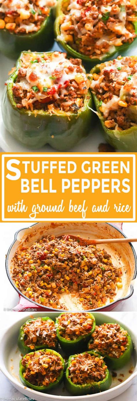 Stuffed Green Bell Peppers - Immaculate Bites Stuffed Green Bell Peppers, Stuffed Bell Peppers Ground Beef, Green Pepper Recipes, Bell Pepper Recipes, Green Peppers, Peppers Recipes, Green Bell Peppers, Beef Dishes, Bell Peppers