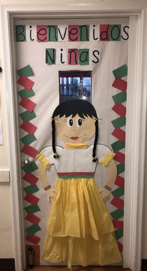 Mexican Girl Classroom Door Christmas Door Decorations Classroom, Spanish Classroom Door, Classroom Door Christmas, Mexican Christmas Decorations, Spanish Classroom Decor, Door Decorations Classroom Christmas, Mexico Christmas, Horse Stall, Spanish Christmas