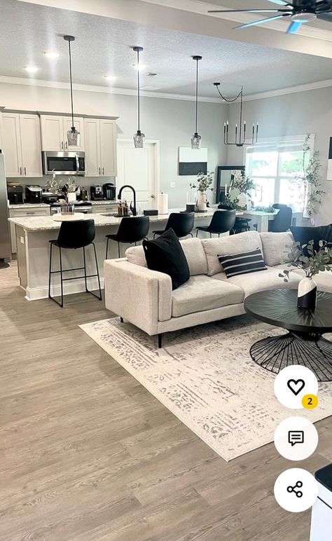 Modern Home Colors Interior, Black White And Grey House Decor, Modern Cozy Home Aesthetic, White And Black Living Room Ideas, Den Ideas Cozy Family Rooms, Living Room Designs Grey, Simple Elegant Living Room, Grey And White Living Room, White Carpet Living Room